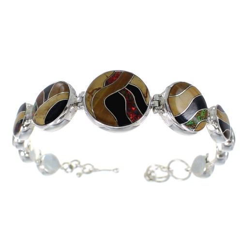 Multicolor Inlay Southwest Sterling Silver Link Bracelet AX54188