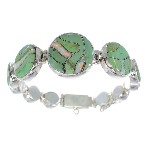Southwest Silver Turquoise And Opal Inlay Link Bracelet AX54202