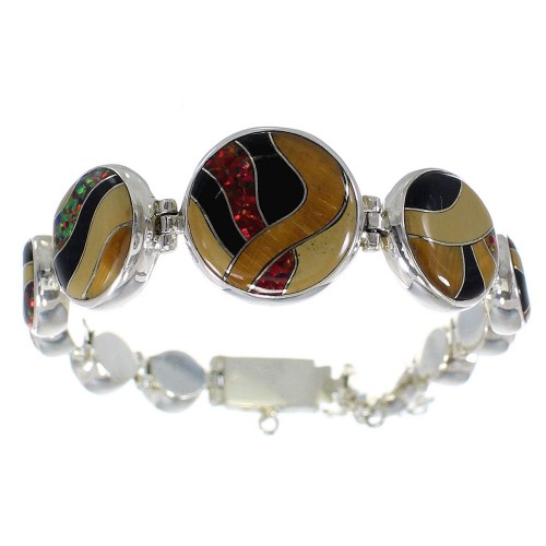 Multicolor Inlay Authentic Sterling Silver Link Bracelet AX54209