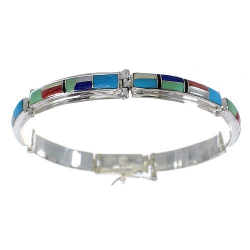 Southwestern Silver Multicolor Inlay Link Bracelet AX55079