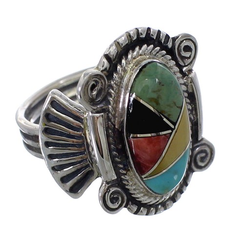 Southwestern Sterling Silver Multicolor Inlay Ring Size 6-1/4 EX56230