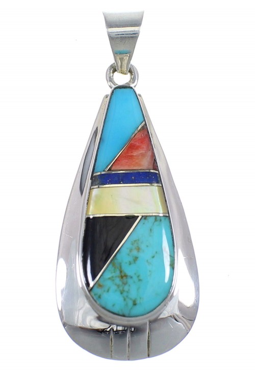 Southwest Multicolor Inlay And Silver Teardrop Pendant RX54287