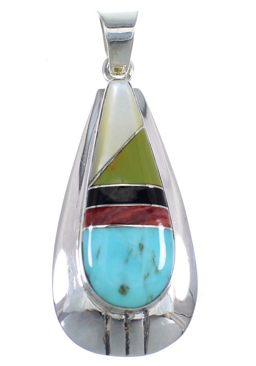 Southwestern Sterling Silver Tear Drop And Multicolor Inlay Pendant RX54291