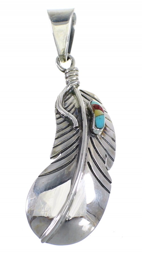 Feather Multicolor Inlay And Sterling Silver Southwest Pendant WX58329