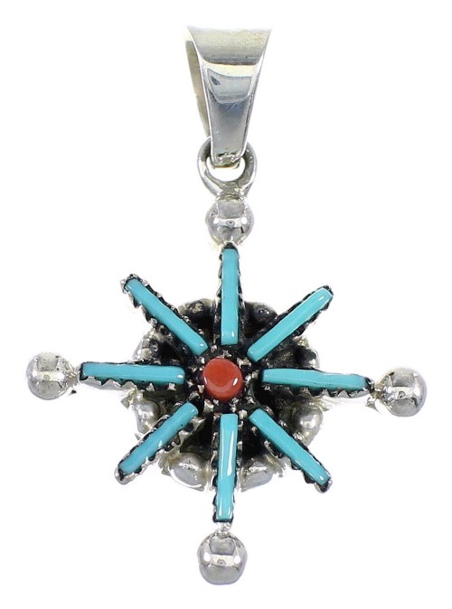 Turquoise And Coral Needlepoint Sterling Silver Southwestern Pendant VX55567