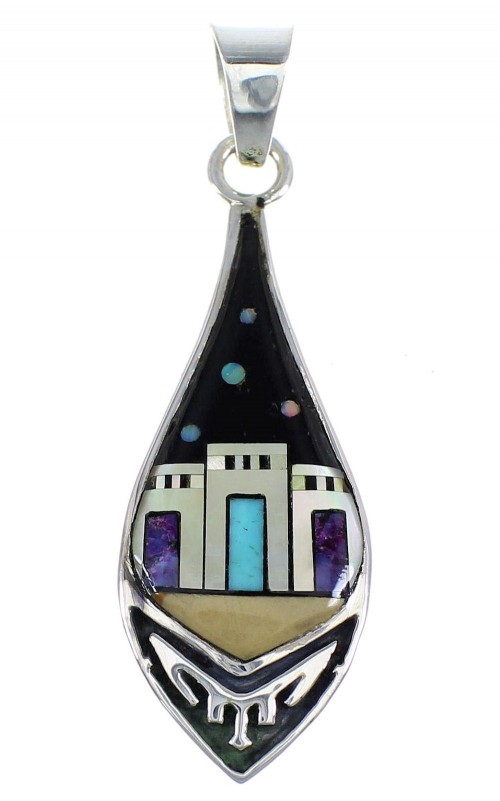 Native American Pueblo Design Sterling Silver And Multicolor Southwest Pendant Jewelry VX55663