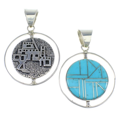 Turquoise And Native American Pueblo Sterling Silver Reversible Pendant VX55809