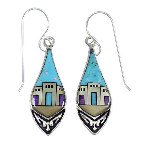 Multicolor Genuine Sterling Silver Native American Pueblo Design Hook Dangle Earrings VX55883