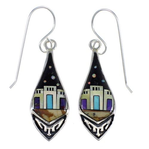 Multicolor Silver Native American Pueblo Design Hook Dangle Earrings VX55927