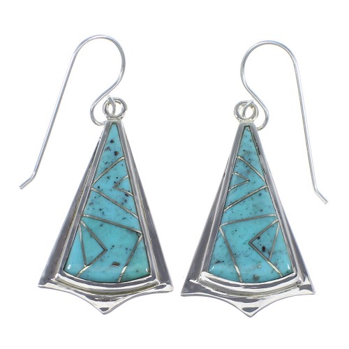 Southwestern Turquoise Inlay And Authentic Sterling Silver Hook Dangle Earrings VX56156