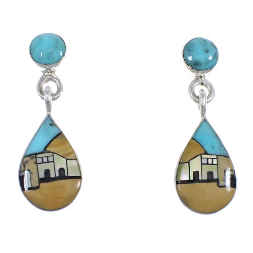 Native American Village Design Multicolor Silver Tear Drop Post Dangle Earrings RX55896