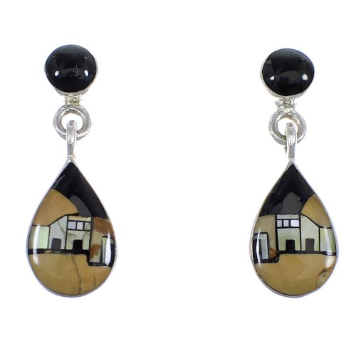 Multicolor Native American Village Design Sterling Silver Tear Drop Post Dangle Earrings RX55901