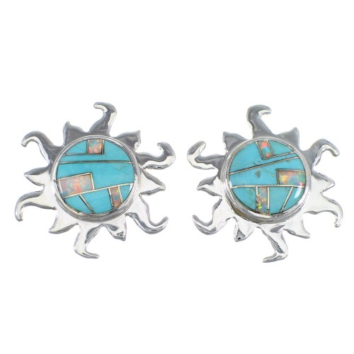 Southwest Sterling Silver Turquoise And Opal Inlay Sun Post Earrings VX56044