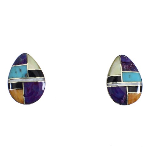 Multicolor Inlay Authentic Sterling Silver Tear Drop Post Earrings VX56090