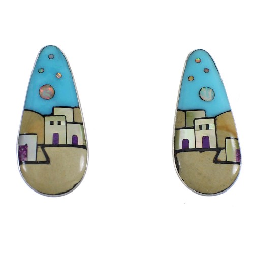 Multicolor Sterling Silver Native American Pueblo Design Post Earrings VX56098
