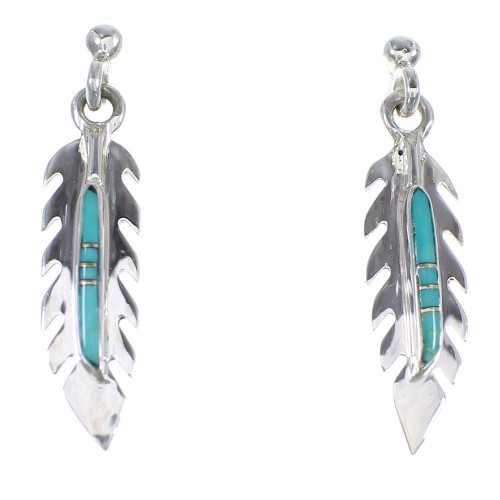 Southwestern Feather Turquoise And Sterling Silver Post Dangle Earrings RX56214