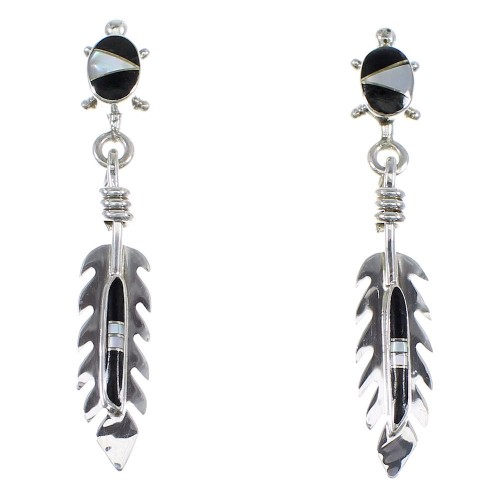 Sterling Silver Jet Mother Of Pearl Feather Turtle Post Dangle Earrings RX56278