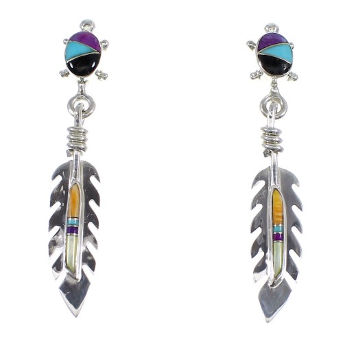 Sterling Silver Multicolor Feather Turtle Post Dangle Earrings RX56328