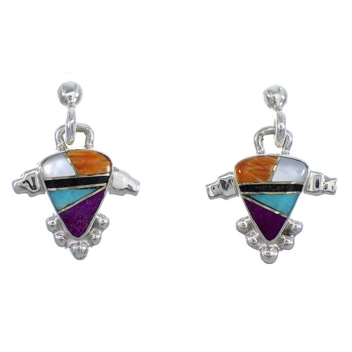 Multicolor Inlay Authentic Sterling Silver Post Dangle Earrings RX56559