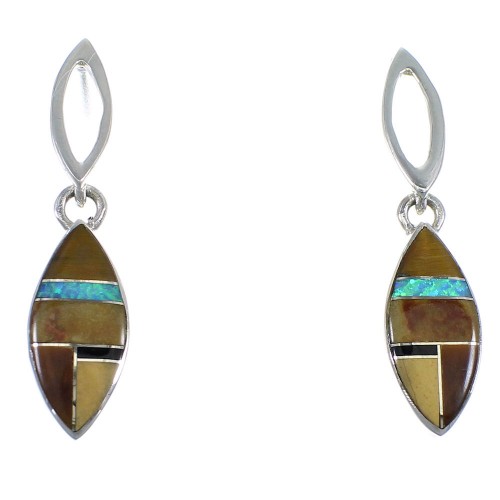 Southwestern Multicolor Inlay Sterling Silver Post Dangle Earrings RX56570