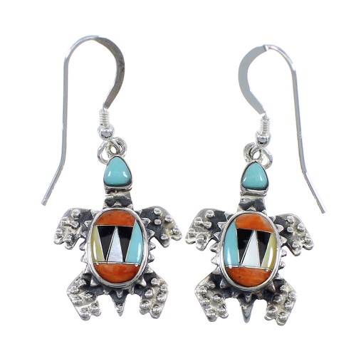 Southwestern Multicolor Sterling Silver Turtle Hook Earrings RX57209