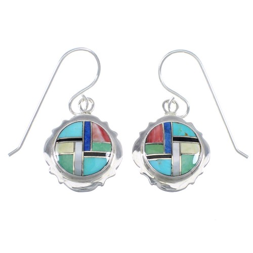 Multicolor Inlay Southwest Sterling Silver Hook Dangle Earrings WX57506