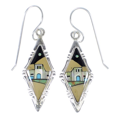Multicolor Native American Villiage Design Silver Hook Dangle Earrings WX57541