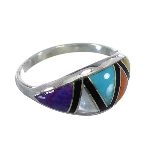 Southwestern And Sterling Silver Multicolor Inlay Ring Size 5-1/4 QX76108