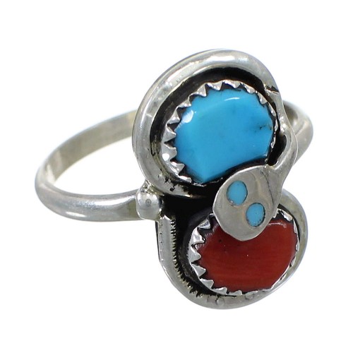 Effie Calavaza Zuni Turquoise Coral Silver Snake Ring Size 7-1/4 EX58097