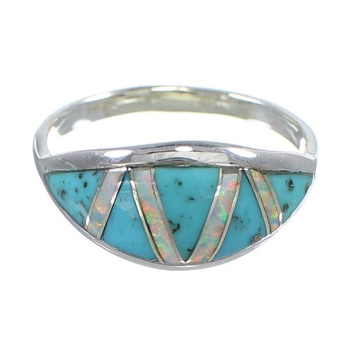 Turquoise And Opal Southwestern Silver Jewelry Ring Size 7-1/2 AX82844