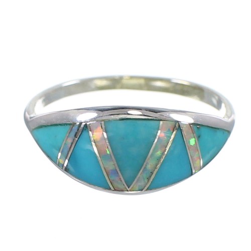 Genuine Sterling Silver Southwestern Turquoise And Opal Inlay Ring Size 7-1/2 AX82870