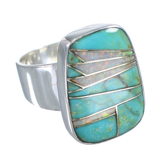 Turquoise And Opal Inlay Sterling Silver Southwestern Ring Size 5 AX83283