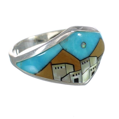 Native American Village Design Southwestern Sterling Silver And Multicolor Ring Size 4-1/2 YX77892