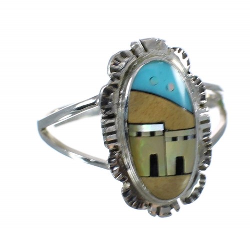 Southwestern Native American Village Design Multicolor And Silver Ring Size 4-1/2 YX77939