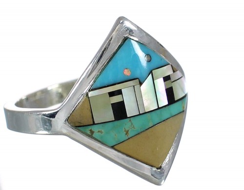 Silver And Multicolor Southwestern Native American Village Design Ring Size 5 YX78018