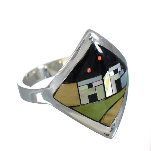Silver And Multicolor Inlay Southwestern Native American Village Design Ring Size 6-1/2 YX78181