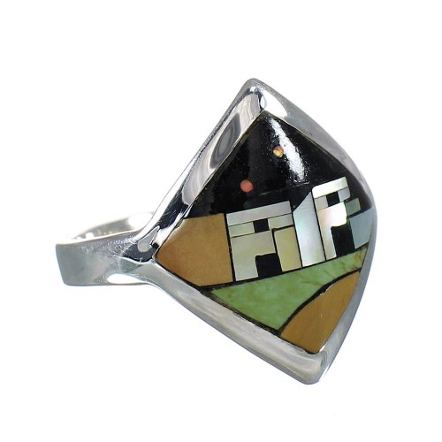 Multicolor Inlay Silver Southwestern Native American Village Design Ring Size 5-3/4 YX78189