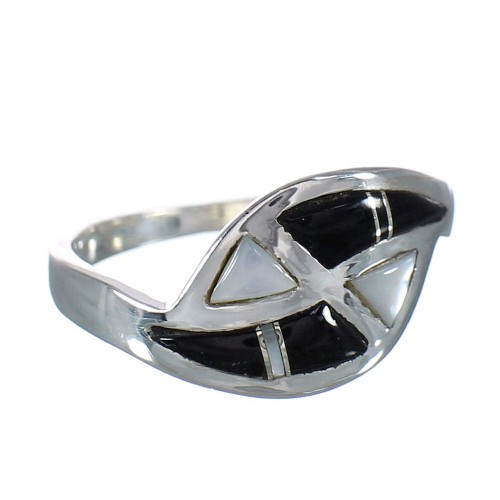 Genuine Sterling Silver Jet And Mother Of Pearl Inlay Ring Size 6 FX92479