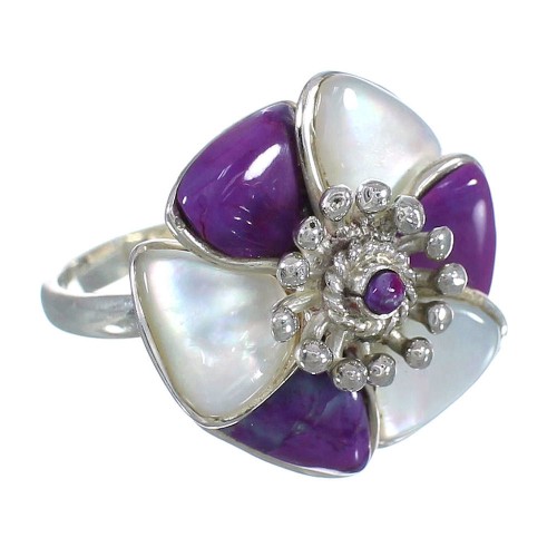 Mother Of Pearl Magenta Turquoise Genuine Sterling Silver Flower Ring Size 6-3/4 RX61427