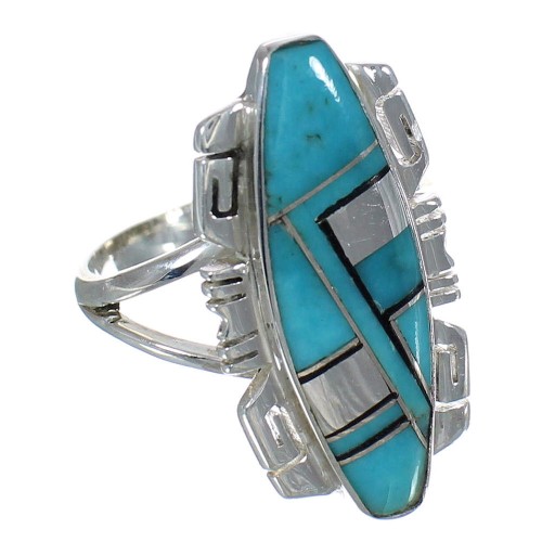 Southwestern Turquoise And Jet Inlay Silver Ring Size 4-1/2 AX82396