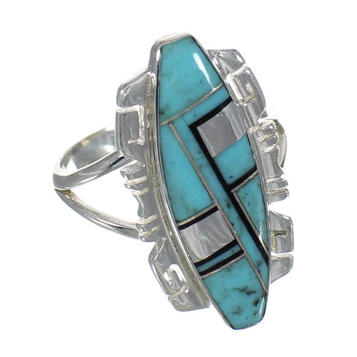 Southwest Turquoise And Jet Inlay Silver Jewelry Ring Size 6-1/2 AX82432