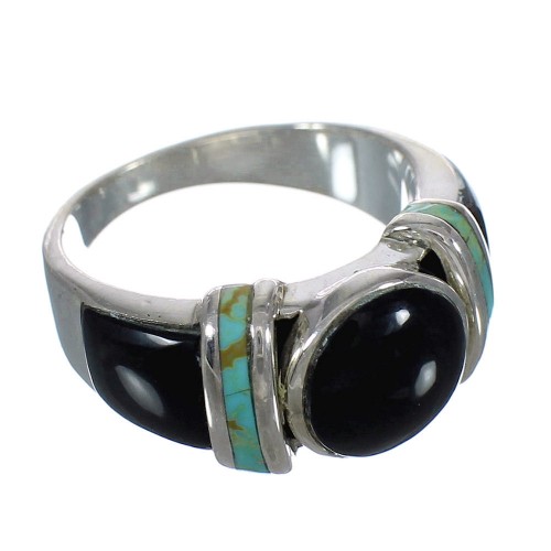 Genuine Sterling Silver Turquoise And Jet Inlay Ring Size 4-1/2 AX82603