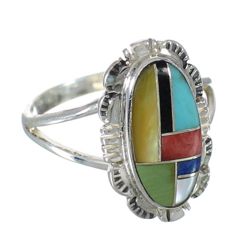 Sterling Silver And Mutlicolor Inlay Southwestern Ring Size 6-3/4 YX75027