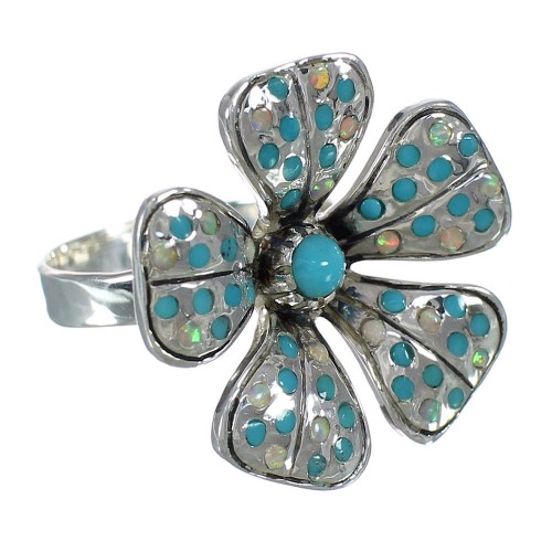 Southwestern Sterling Silver Flower Opal And Turquoise Ring Size 8 WX70659