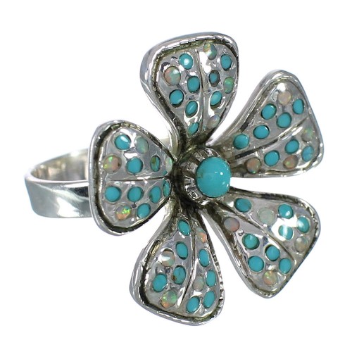 Southwestern Turquoise And Opal Flower Silver Ring Size 6-3/4 WX70704