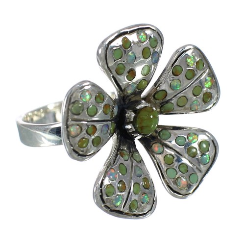 Southwestern Turquoise And Opal Genuine Sterling Silver Flower Ring Size 5-3/4 WX70733