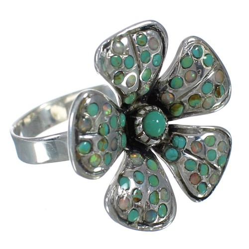 Turquoise And Opal Flower Southwest Genuine Sterling Silver Ring Size 7-3/4 WX70754