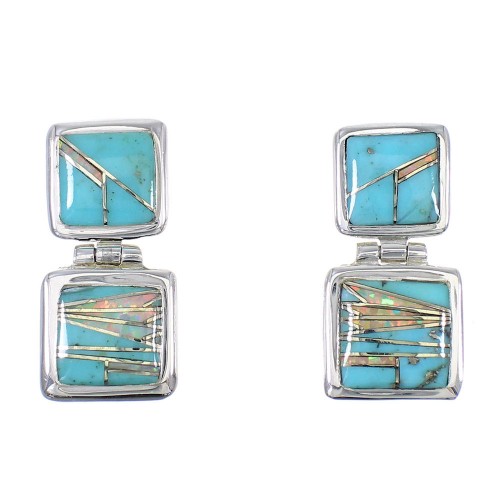 Authentic Sterling Silver Turquoise Opal Inlay Post Dangle Earrings RX66615