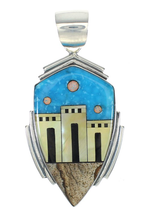 Multicolor Native American Village Design Genuine Sterling Silver Pendant MX64193