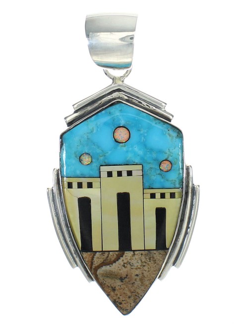 Southwest Multicolor Native American Village Design Silver Pendant MX64194